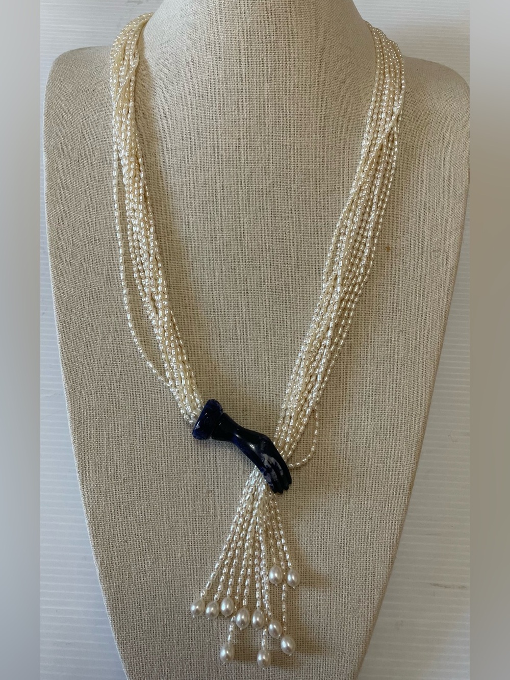 VTG Artisan Rice Pearl 11-Strand Necklace W/ Carved Blue Stone hand-shaped clasp